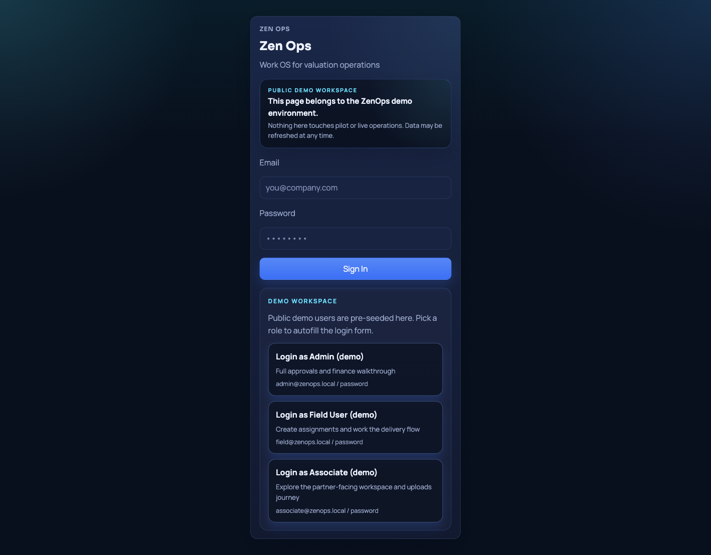 Maulya public demo entry showing a branded demo environment.