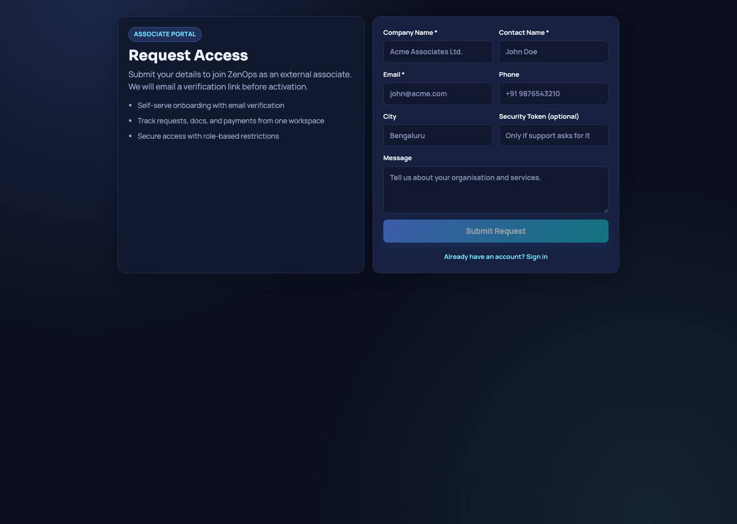 Maulya associate access request page for controlled onboarding.