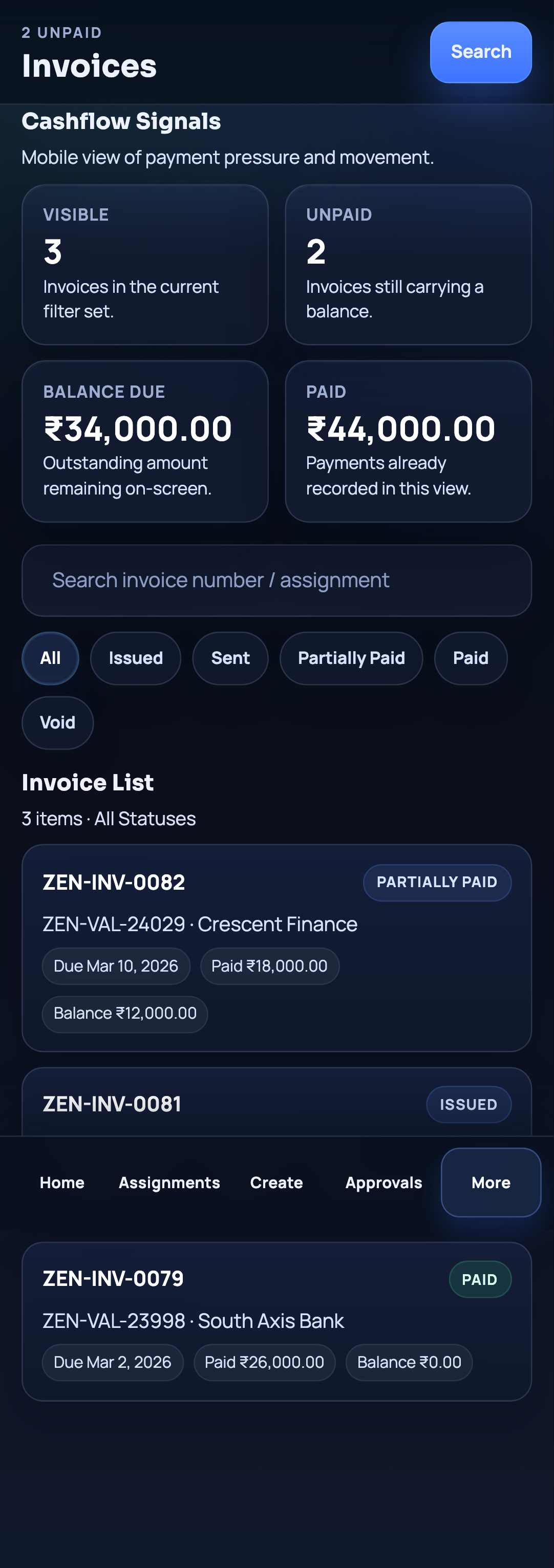 Maulya mobile invoice and payment workflow screen.