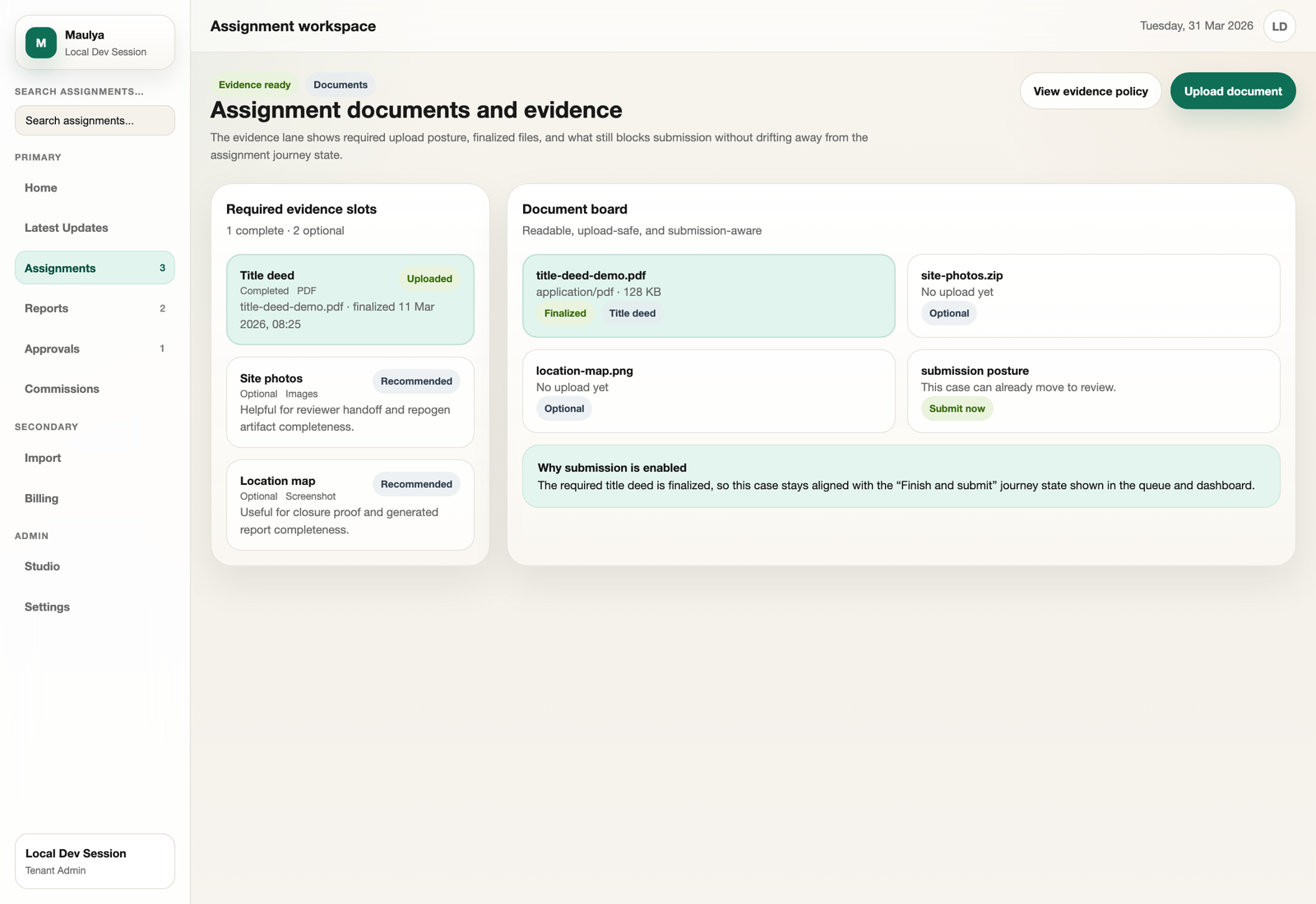 Assignment documents area showing uploaded files and missing items.
