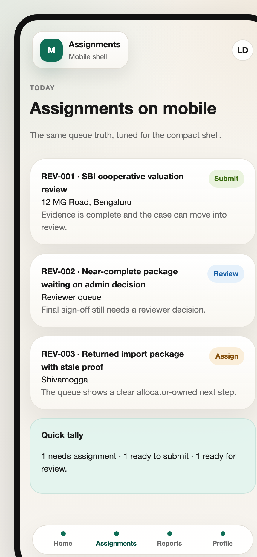 Maulya mobile assignments view showing task status and follow-up details.