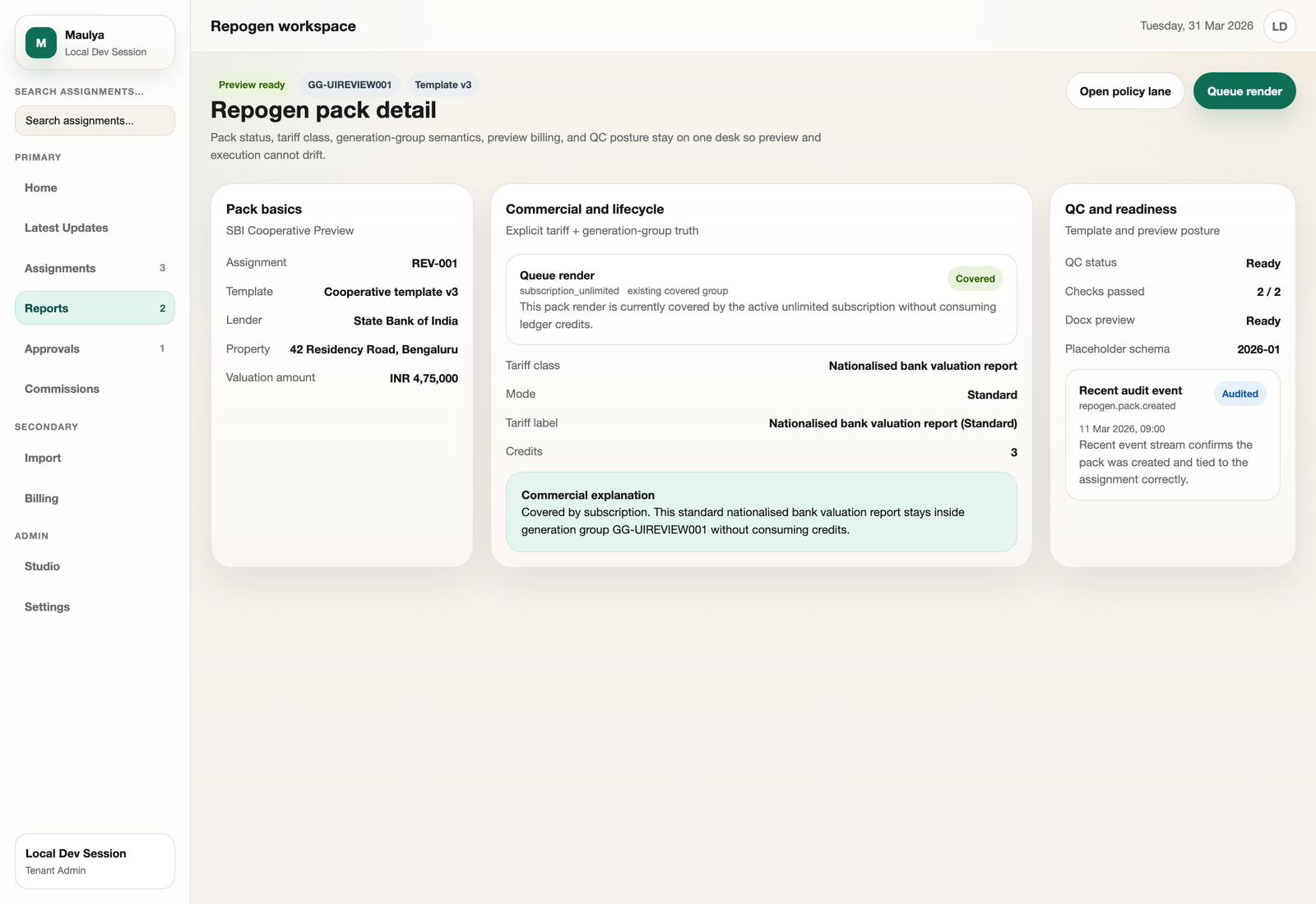 Repogen report generation screen showing valuation details and report state.