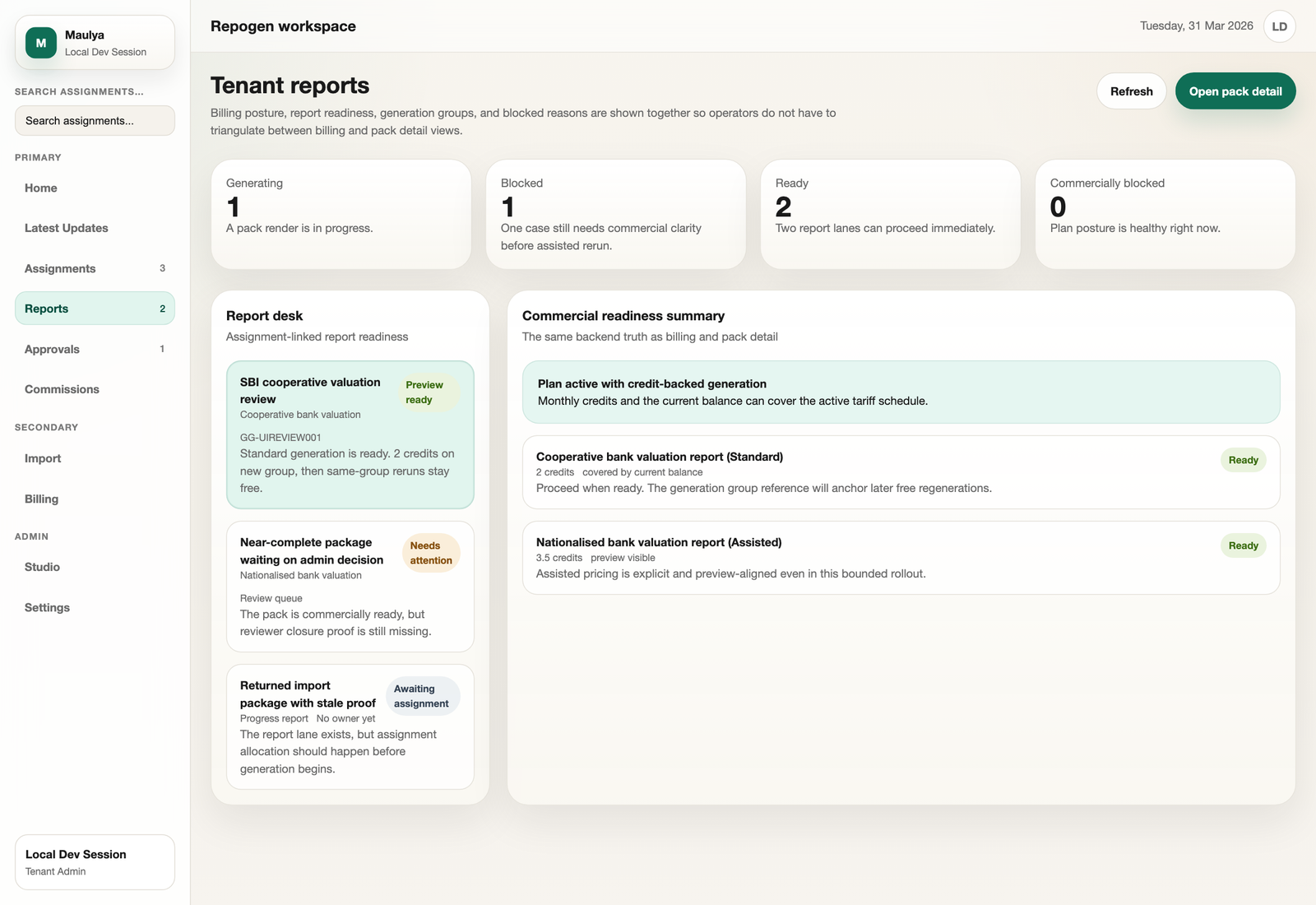 Maulya tenant reports workspace showing readiness, blocked reasons, and commercial posture for rollout evaluation.